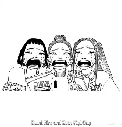 Free printable Rumi, Mira and Zoey Fighting 14 Coloring Page - Free Printable KPop Demon Hunters PDFS Coloring Sheets coloring page