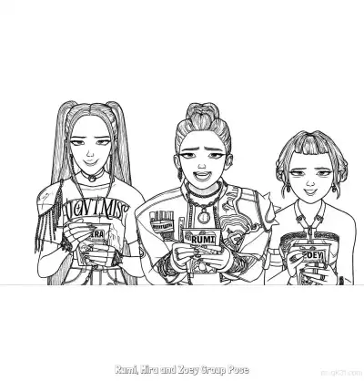 Free printable KPop Demon Hunters Rumi Mira Zoey With Instant Noodles Helpless Look Coloring Page coloring page