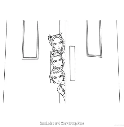 Free printable Rumi Mira Zoey Peeking Through Door Crack Coloring Page coloring page