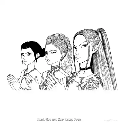 Free printable Rumi Mira Zoey Side Profile Prayer Coloring Page coloring page
