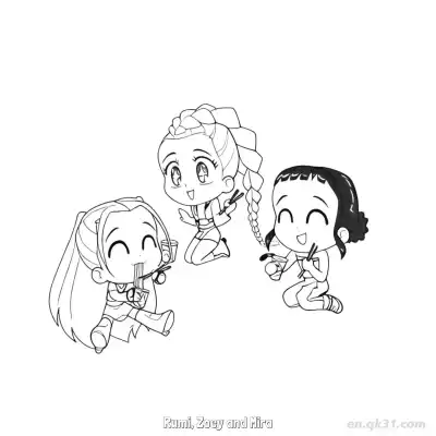 Free printable Chibi Rumi Zoey Mira Happy Ramen Eating Coloring Page coloring page