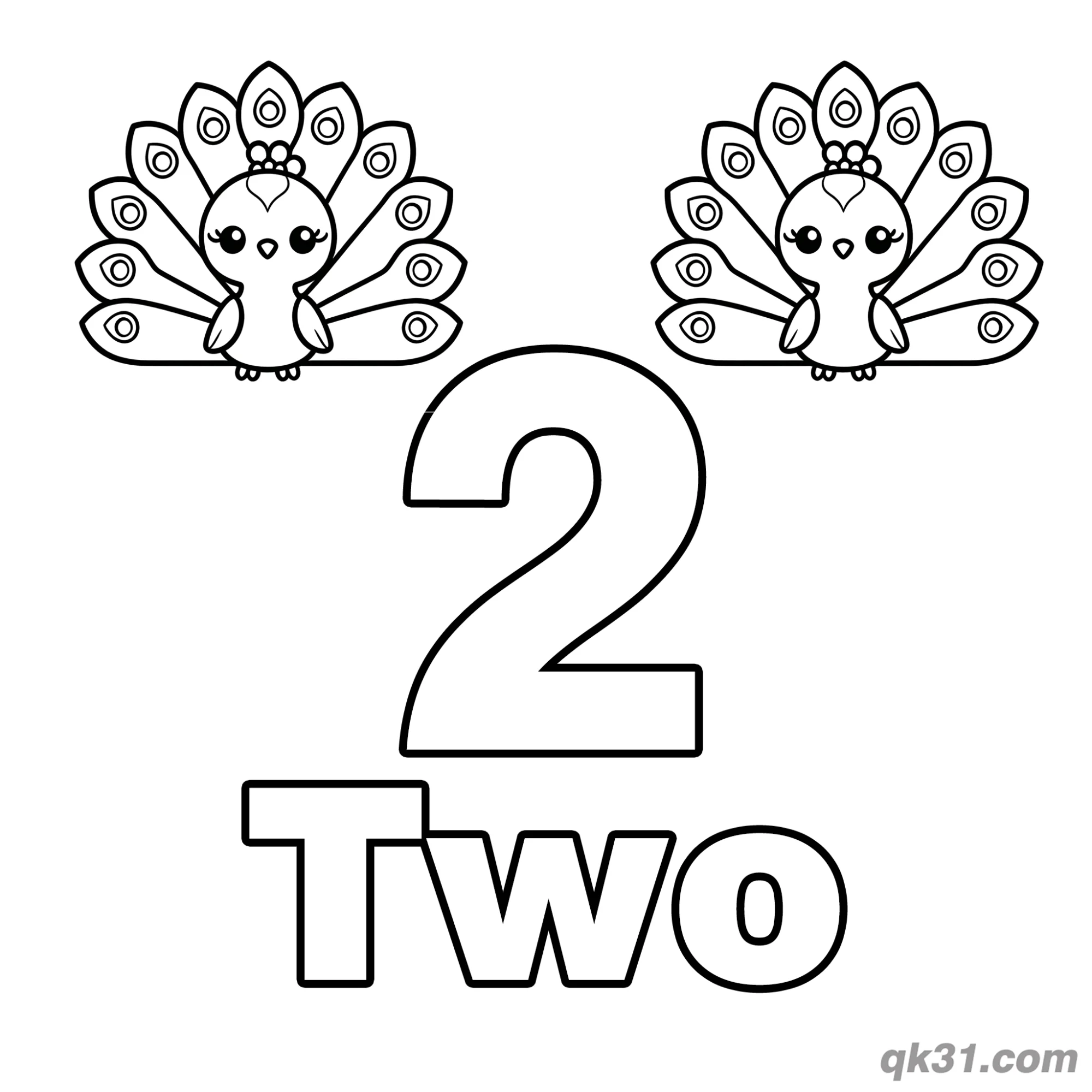 Number 2 Two Adorable Peacocks Counting Coloring Page – Free Printable Coloring Page for Kids and Adults