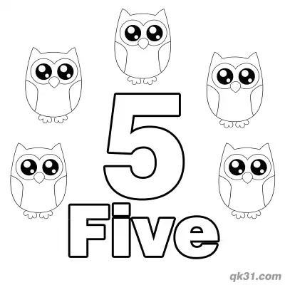 Free printable Number 5 Five Cute Owls Counting Coloring Page coloring page