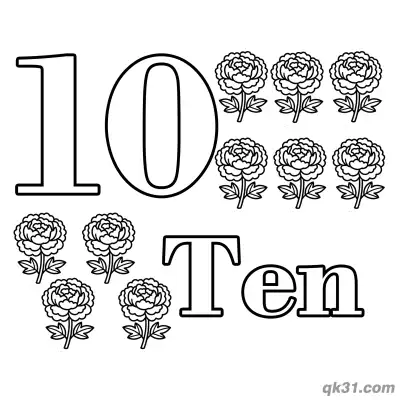 Free printable Number 10 Ten Blooming Peonies Counting Coloring Page coloring page