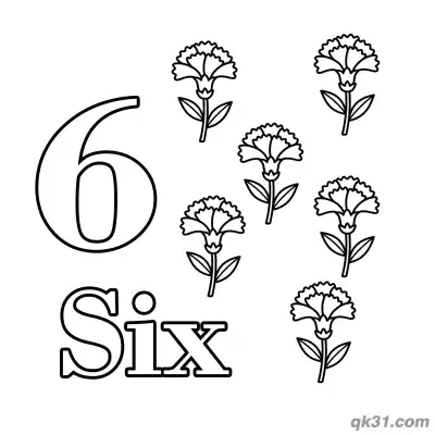 Free printable Number 6 Six Beautiful Carnations Counting Coloring Page coloring page