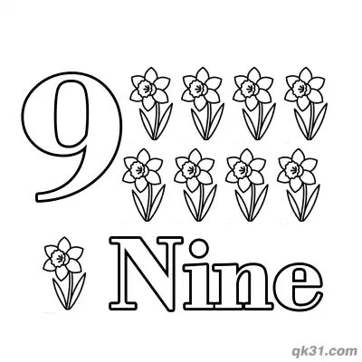 Free printable Number 9 Nine Yellow Daffodils Counting Coloring Page coloring page