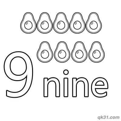 Number 9 Nine Creamy Avocados Counting Coloring Page