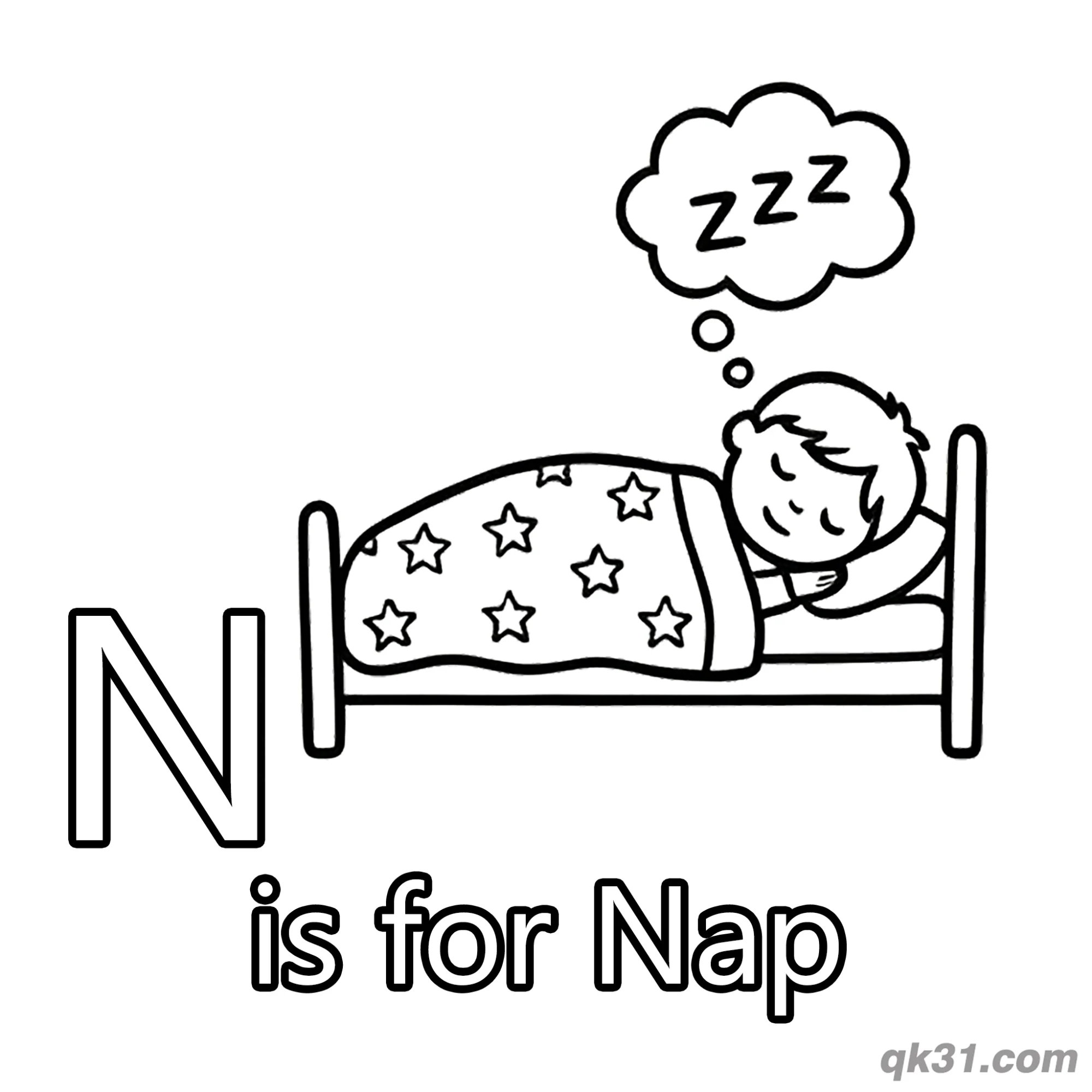 Letter N is for Nap Coloring Page Sleeping Boy with Zzz Printable for Kids – Free Printable Coloring Page for Kids and Adults