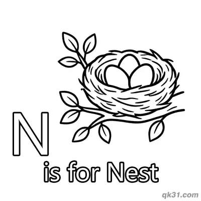 Free printable Letter N is for Nest Coloring Page Bird Eggs in Tree Branch Worksheet for Preschool coloring page