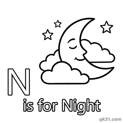 Free printable Letter N is for Night Coloring Page Smiling Moon and Stars Activity Sheet coloring page