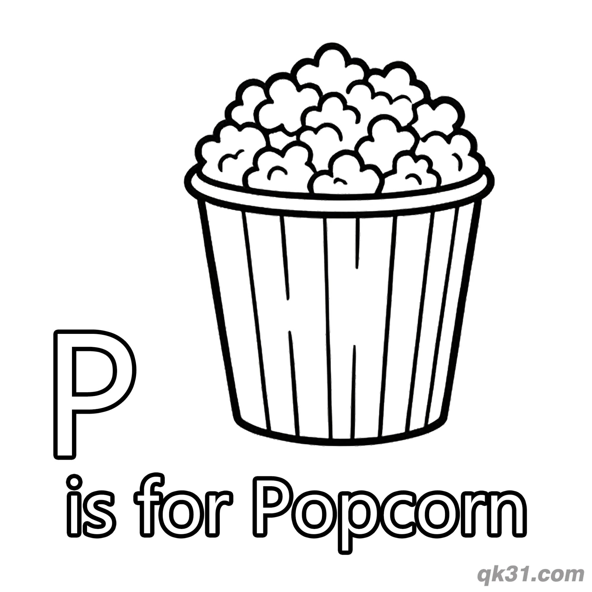 Letter P is for Popcorn Coloring Page Movie Theater Snack Activity Sheet – Free Printable Coloring Page for Kids and Adults