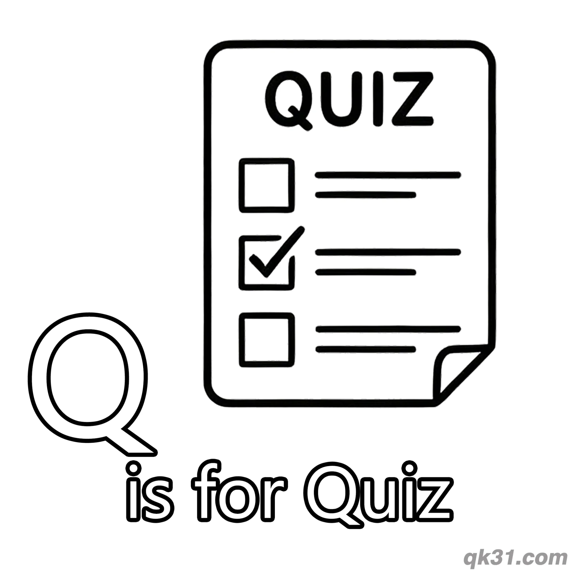 Letter Q is for Quiz Coloring Page Test Paper Worksheet for School – Free Printable Coloring Page for Kids and Adults