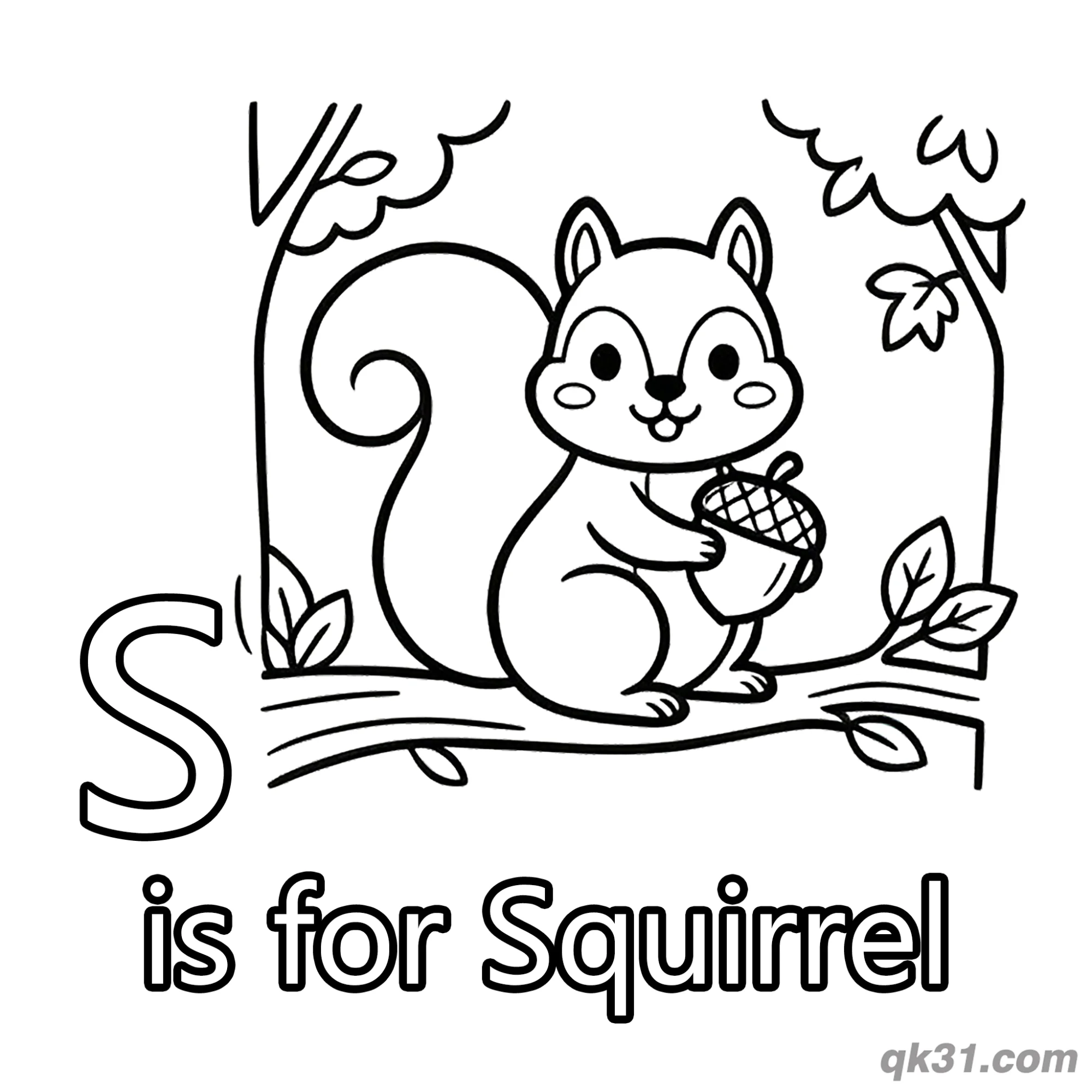 Letter S is for Squirrel Coloring Page Woodland Animal with Acorn Printable – Free Printable Coloring Page for Kids and Adults