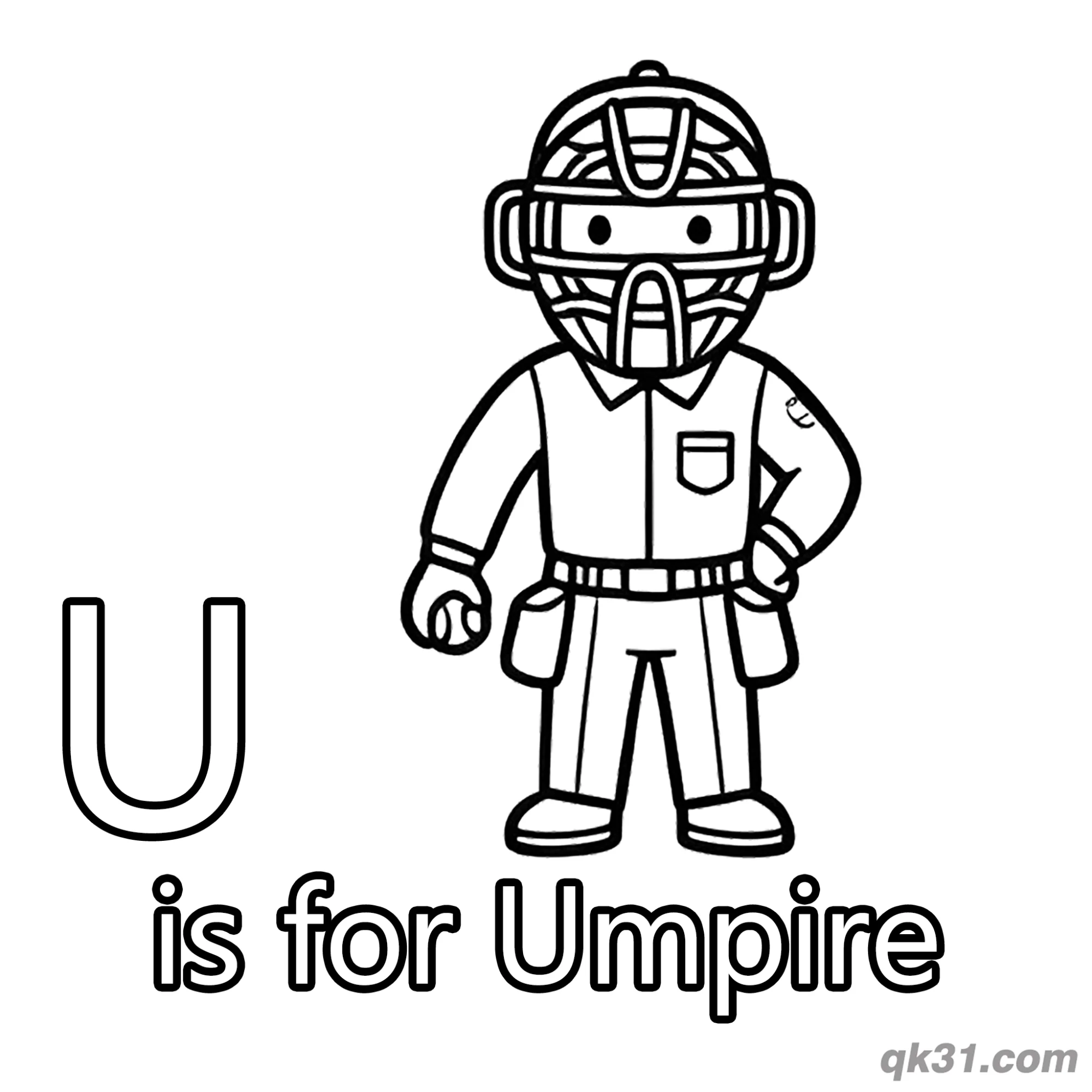 Letter U is for Umpire Coloring Page Sports Official Worksheet for Toddlers – Free Printable Coloring Page for Kids and Adults