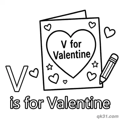 Letter V is for Valentine Coloring Page Heart Card with Pencil Printable for Kids