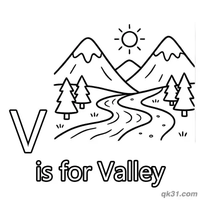 Letter V is for Valley Coloring Page Mountain Landscape Nature Worksheet