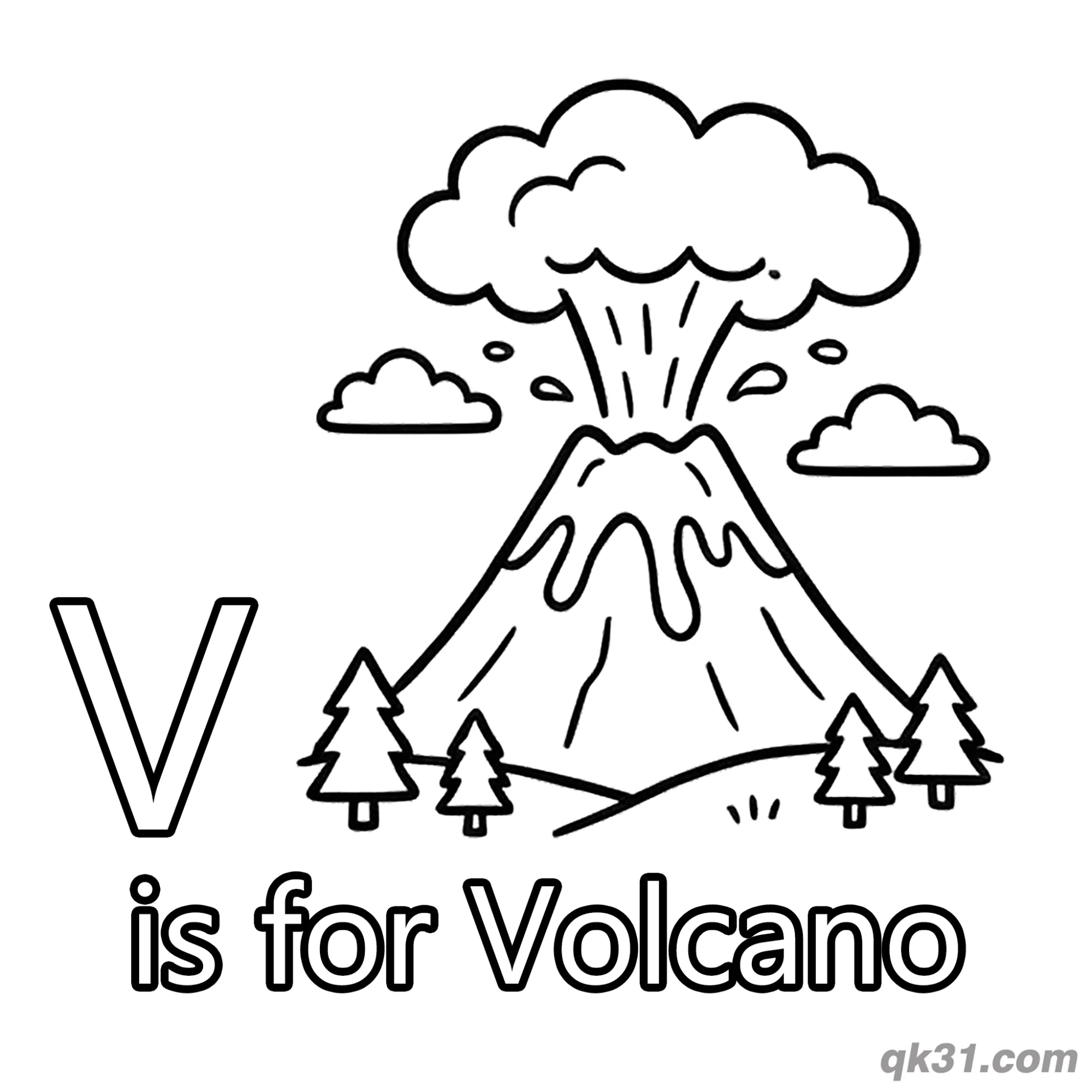 Letter V is for Volcano Coloring Page Erupting Mountain Nature Activity – Free Printable Coloring Page for Kids and Adults