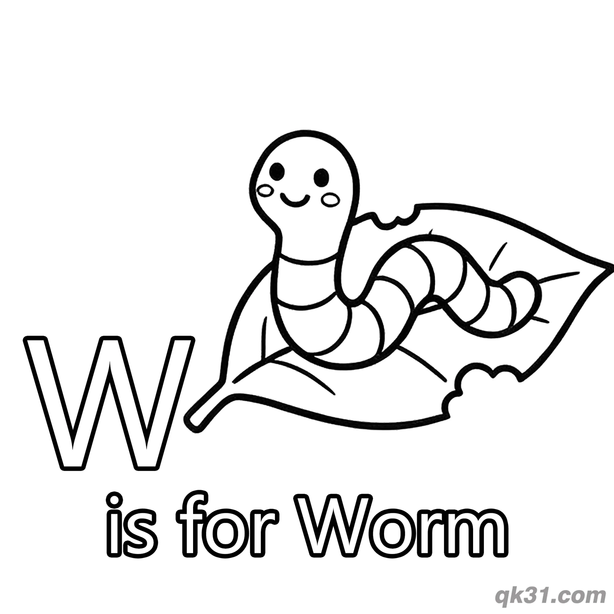 Letter W is for Worm Coloring Page Leaf Crawling Insect Printable – Free Printable Coloring Page for Kids and Adults