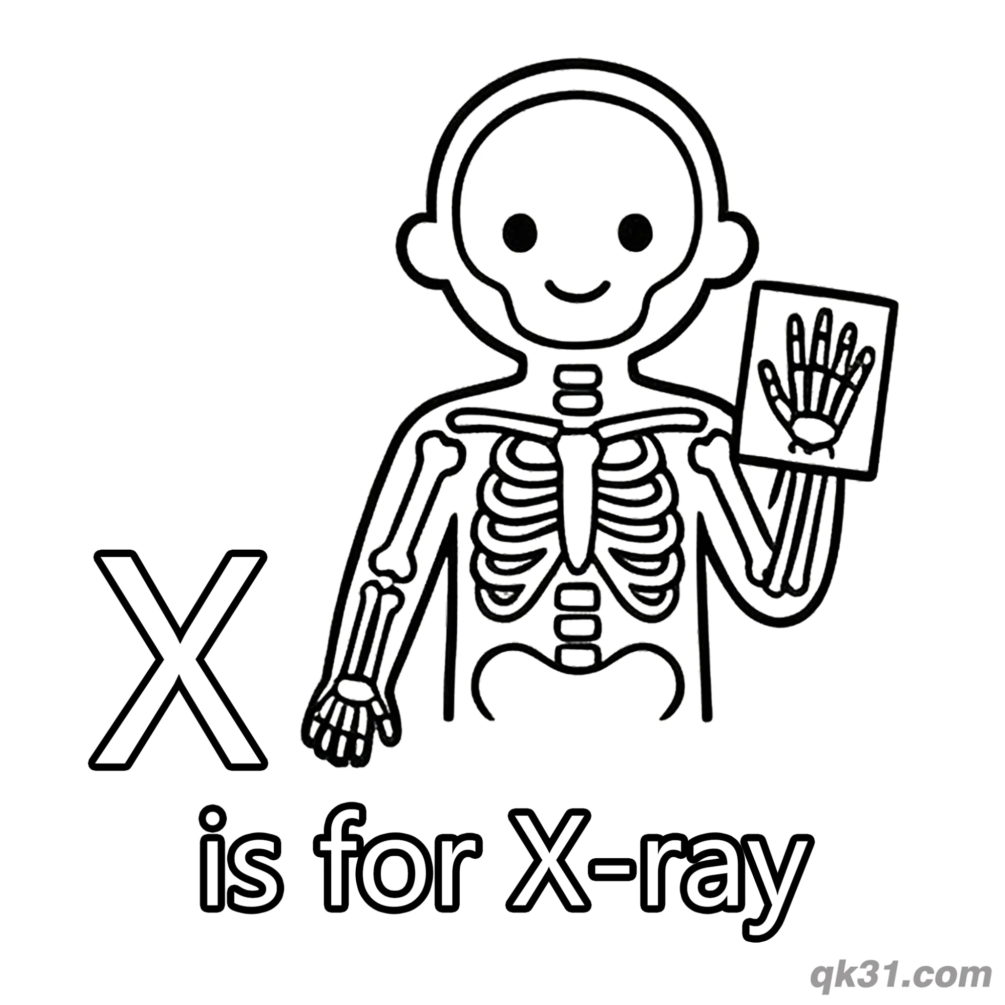 Letter X is for X-ray Coloring Page Skeleton Hand Medical Printable – Free Printable Coloring Page for Kids and Adults