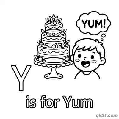 Free printable Letter Y is for Yum Coloring Page Delicious Cake and Boy Activity Sheet coloring page