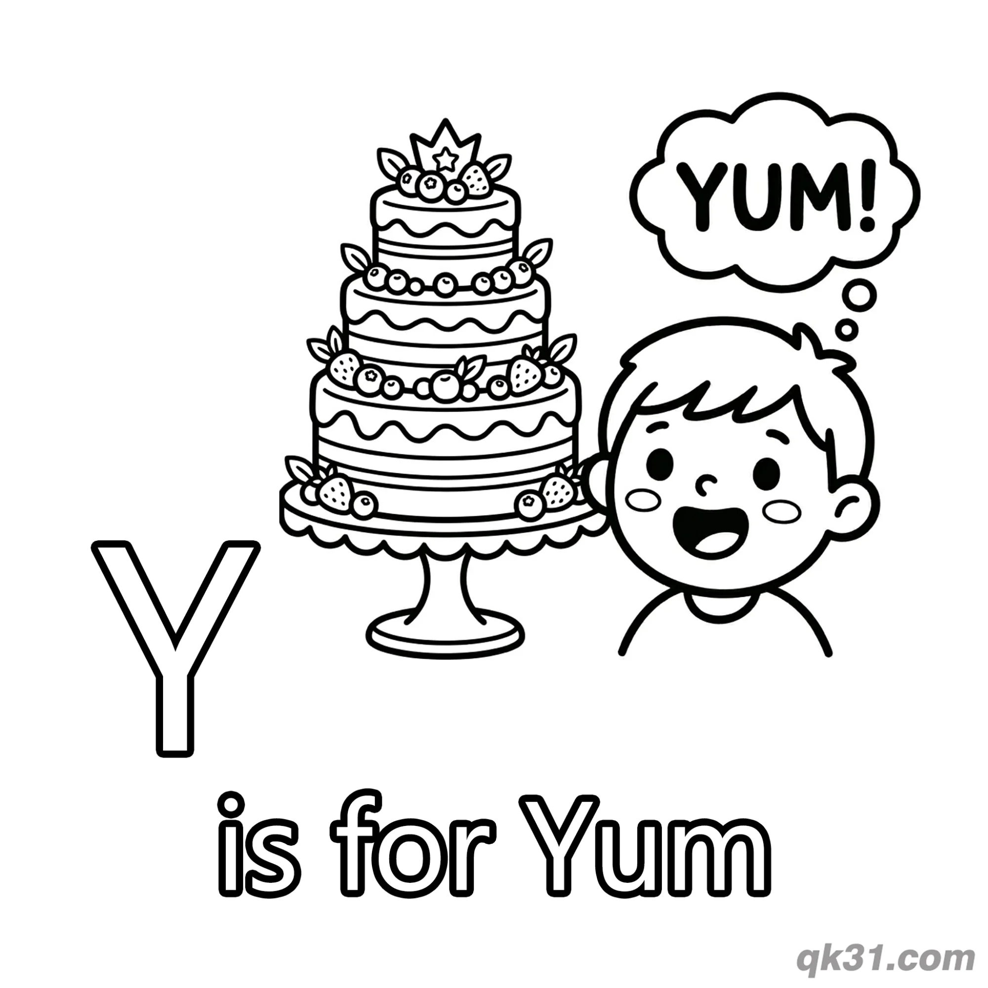 Letter Y is for Yum Coloring Page Delicious Cake and Boy Activity Sheet – Free Printable Coloring Page for Kids and Adults