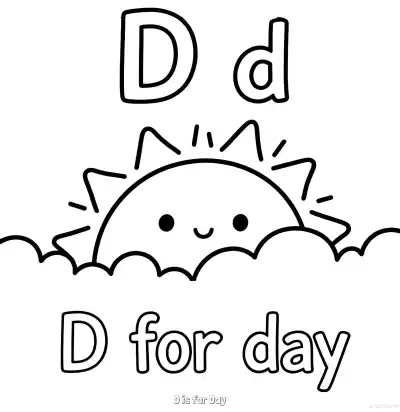 Free printable D is for Day  Coloring Page - Free Printable English letter Recognition PDFS Coloring Sheets coloring page