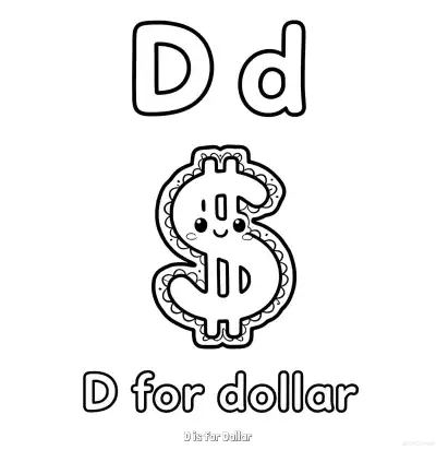 Free printable D is for Dollar  Coloring Page - Free Printable English letter Recognition PDFS Coloring Sheets coloring page