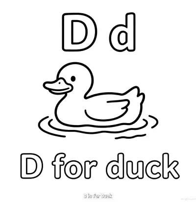 Free printable D is for Duck  Coloring Page - Free Printable English letter Recognition PDFS Coloring Sheets coloring page