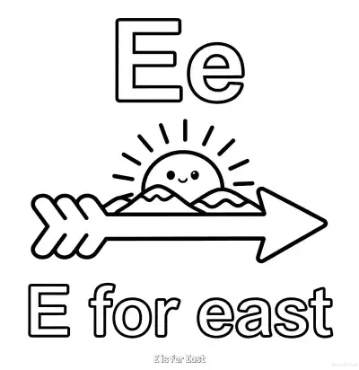 Free printable E is for East  Coloring Page - Free Printable English letter Recognition PDFS Coloring Sheets coloring page