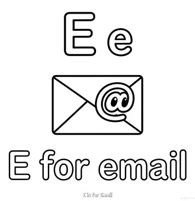 Free printable E is for Email  Coloring Page - Free Printable English letter Recognition PDFS Coloring Sheets coloring page