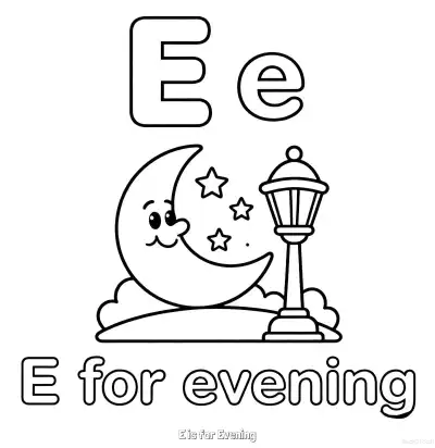 Free printable E is for Evening  Coloring Page - Free Printable English letter Recognition PDFS Coloring Sheets coloring page