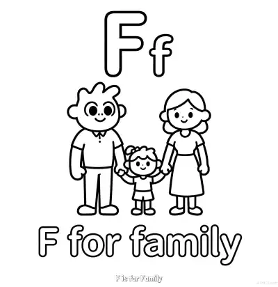 Free printable F is for Family  Coloring Page - Free Printable English letter Recognition PDFS Coloring Sheets coloring page