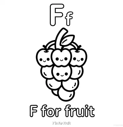 Free printable F is for Fruit  Coloring Page - Free Printable English letter Recognition PDFS Coloring Sheets coloring page