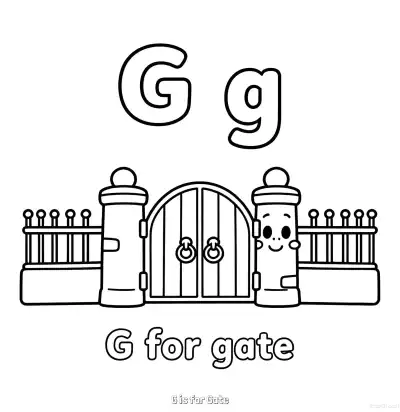 Free printable G is for Gate  Coloring Page - Free Printable English letter Recognition PDFS Coloring Sheets coloring page