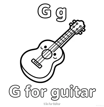 Free printable G is for Guitar  Coloring Page - Free Printable English letter Recognition PDFS Coloring Sheets coloring page