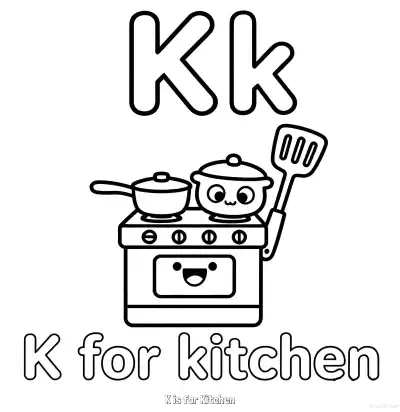 Free printable K is for Kitchen  Coloring Page - Free Printable English letter Recognition PDFS Coloring Sheets coloring page