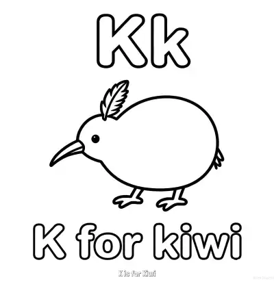 Free printable K is for Kiwi  Coloring Page - Free Printable English letter Recognition PDFS Coloring Sheets coloring page