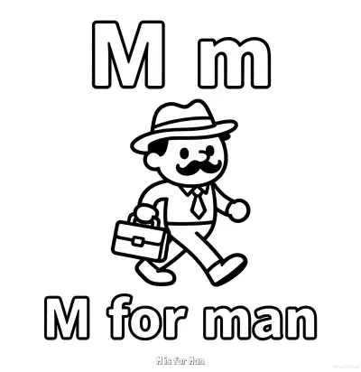 Free printable M is for Man  Coloring Page - Free Printable English letter Recognition PDFS Coloring Sheets coloring page