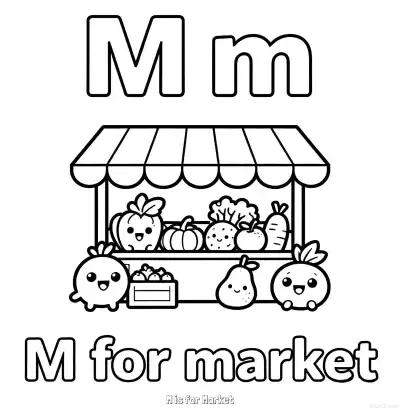 Free printable M is for Market  Coloring Page - Free Printable English letter Recognition PDFS Coloring Sheets coloring page