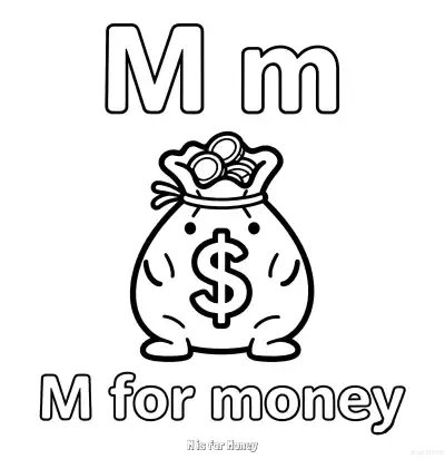 Free printable M is for Money  Coloring Page - Free Printable English letter Recognition PDFS Coloring Sheets coloring page