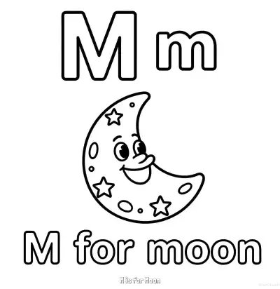 Free printable M is for Moon  Coloring Page - Free Printable English letter Recognition PDFS Coloring Sheets coloring page