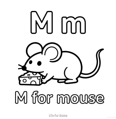 Free printable M is for Mouse  Coloring Page - Free Printable English letter Recognition PDFS Coloring Sheets coloring page