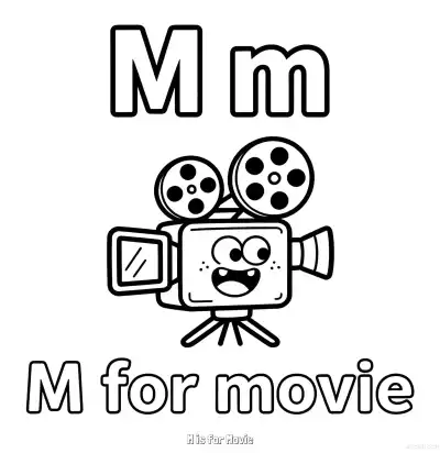 Free printable M is for Movie  Coloring Page - Free Printable English letter Recognition PDFS Coloring Sheets coloring page