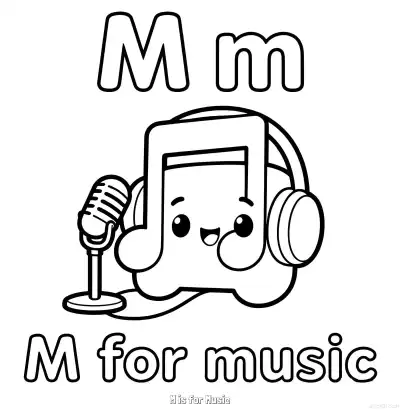 Free printable M is for Music  Coloring Page - Free Printable English letter Recognition PDFS Coloring Sheets coloring page