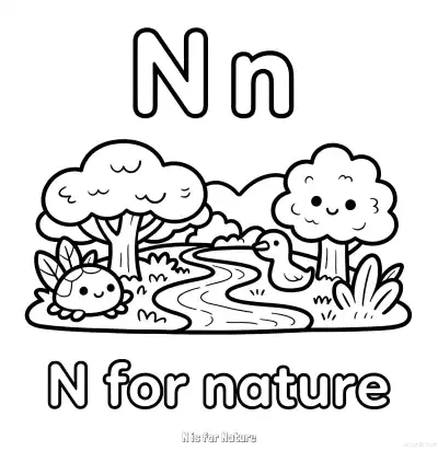 Free printable N is for Nature  Coloring Page - Free Printable English letter Recognition PDFS Coloring Sheets coloring page