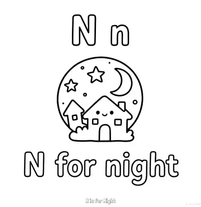 Free printable N is for Night  Coloring Page - Free Printable English letter Recognition PDFS Coloring Sheets coloring page