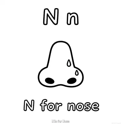 Free printable N is for Nose  Coloring Page - Free Printable English letter Recognition PDFS Coloring Sheets coloring page
