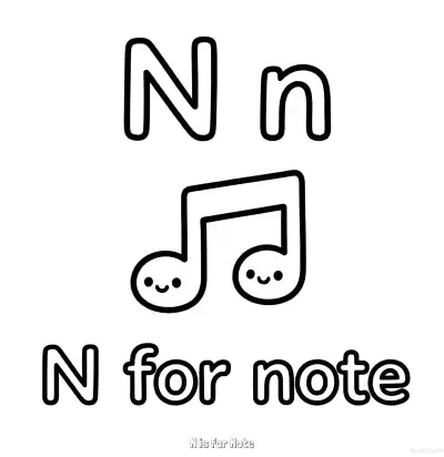 Free printable N is for Note  Coloring Page - Free Printable English letter Recognition PDFS Coloring Sheets coloring page