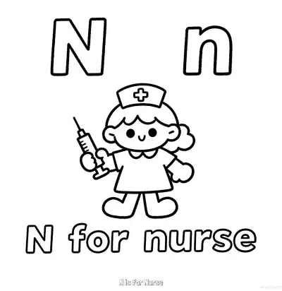 Free printable N is for Nurse  Coloring Page - Free Printable English letter Recognition PDFS Coloring Sheets coloring page