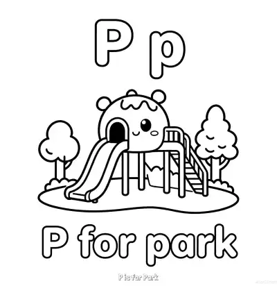 Free printable P is for Park  Coloring Page - Free Printable English letter Recognition PDFS Coloring Sheets coloring page